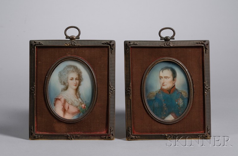 Appraisal: Pair of Gilt-metal and Cloth Framed Miniature Hand-painted Portraits on