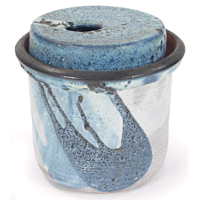 Appraisal: Edna Arnow covered jar stoneware with blue glazes lid with