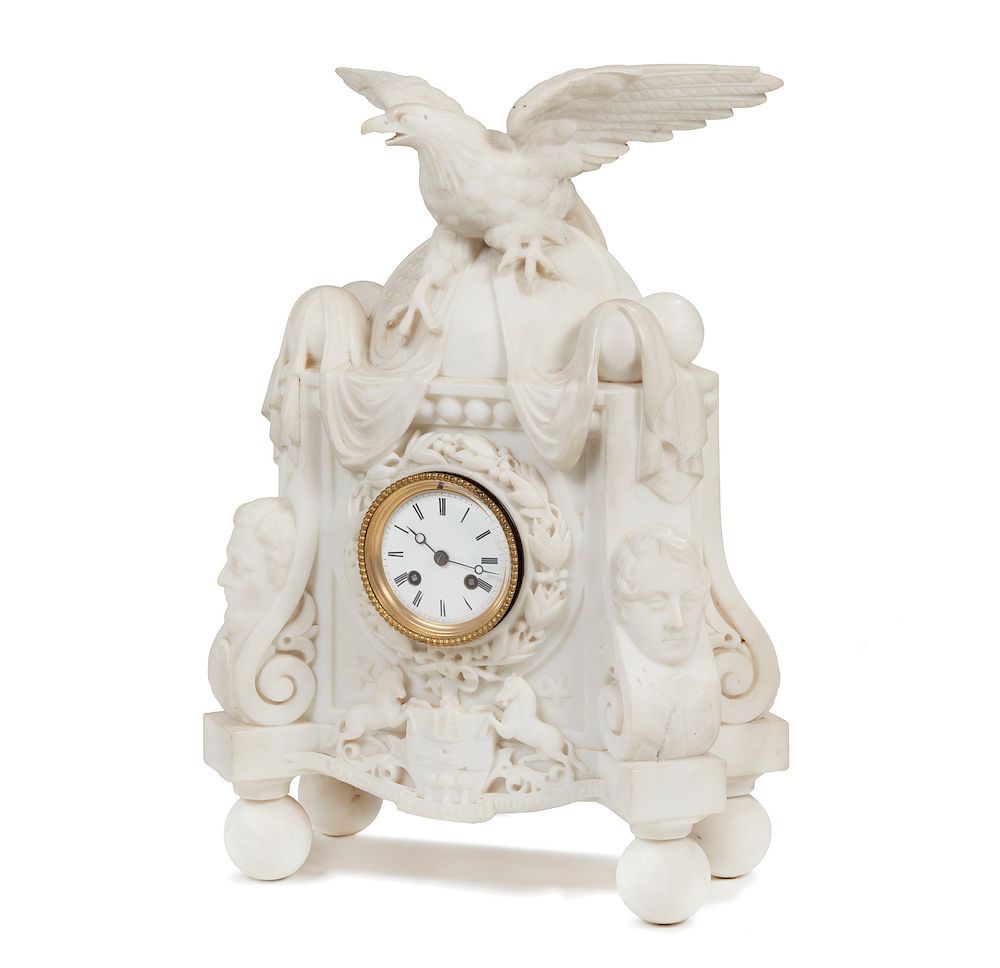 Appraisal: Patriotic Marble Clock Patriotic theme white marble clock featuring an