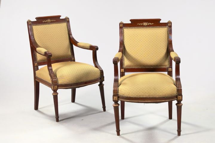 Appraisal: Pair of Directoire-Style Ormolu-Mounted Mahogany Armchairs the molded crest rails