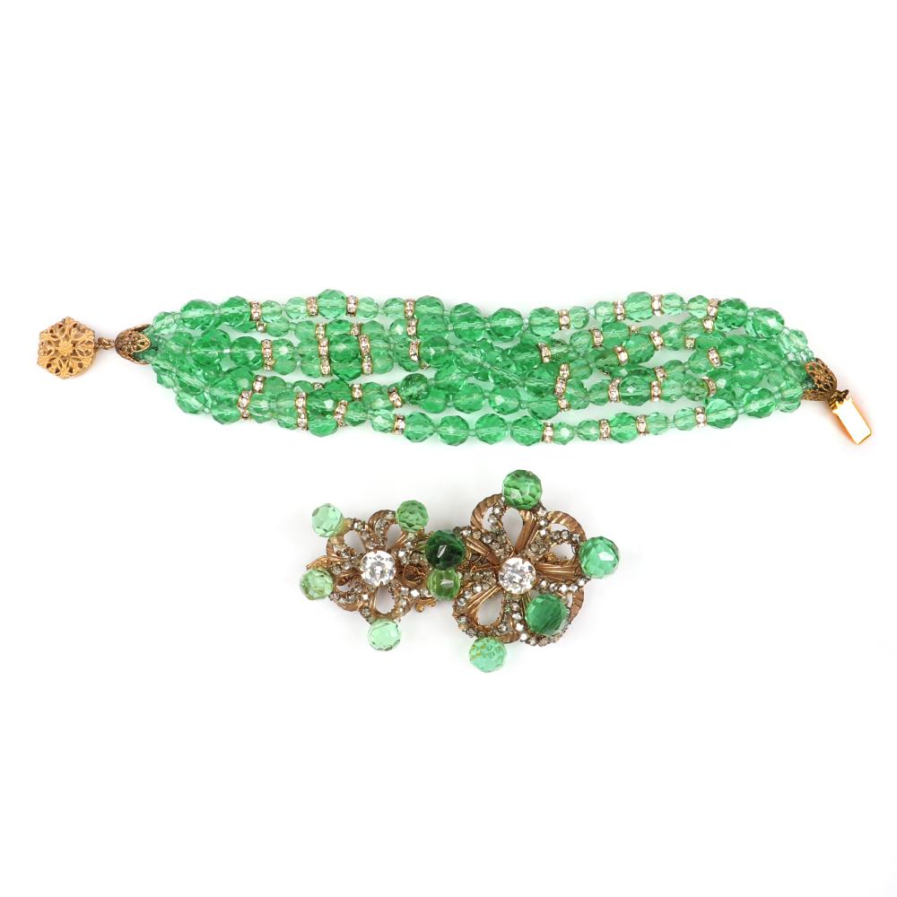 Appraisal: MIRIAM HASKELL -STRAND BRACELET WITH FACETED GREEN GLASS BEADS AND