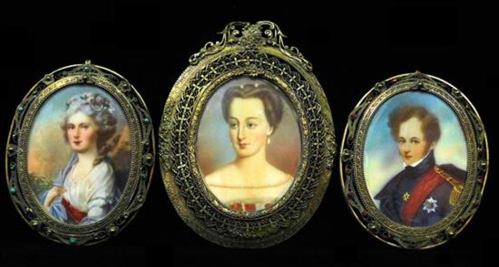 Appraisal: Three miniature portraits on possibly ivory bone including woman with