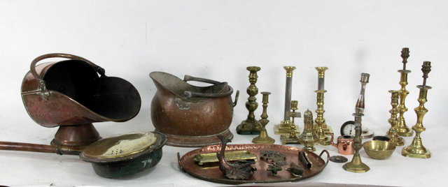 Appraisal: A quantity of brass and copper ware including a helmet