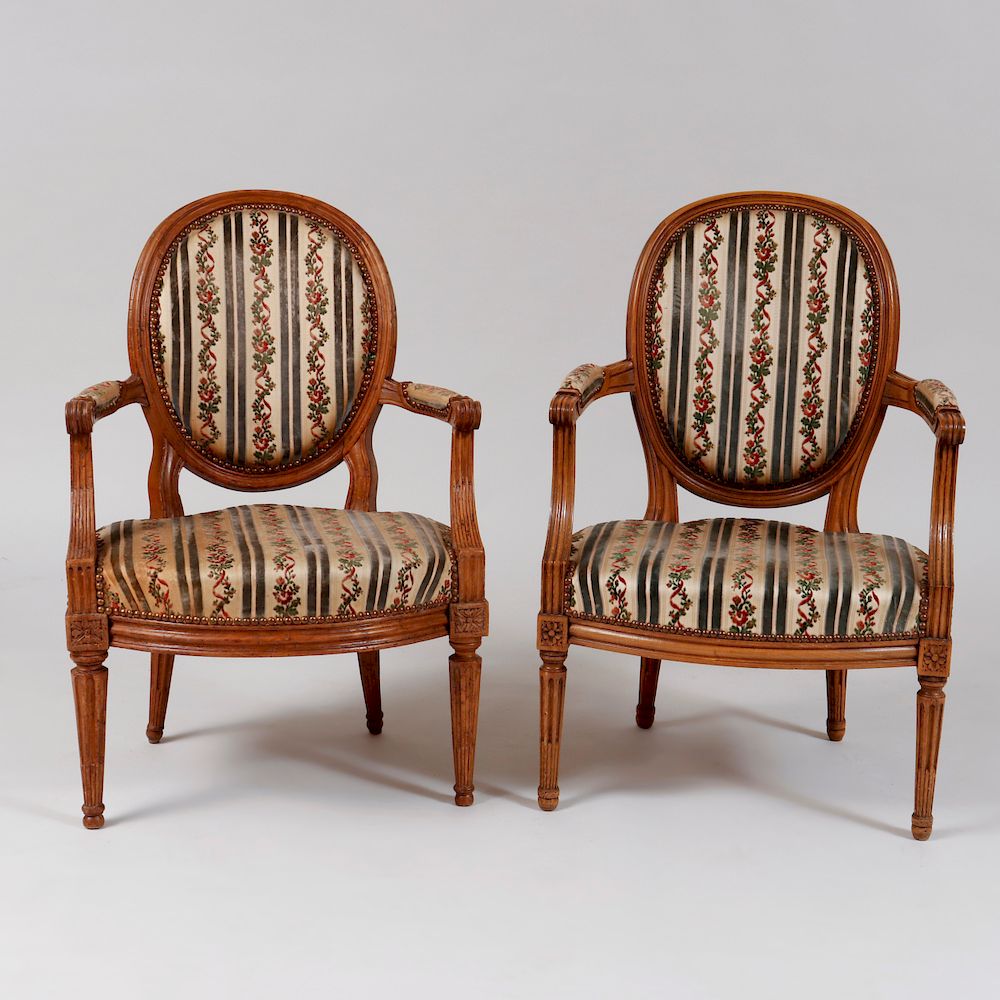 Appraisal: Pair of Louis XVI Style Carved Beechwood Fauteuils en Cabriolet