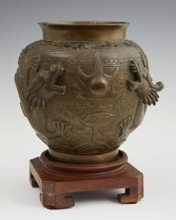 Appraisal: Chinese Patinated Bronze Baluster Urn early th c with relief