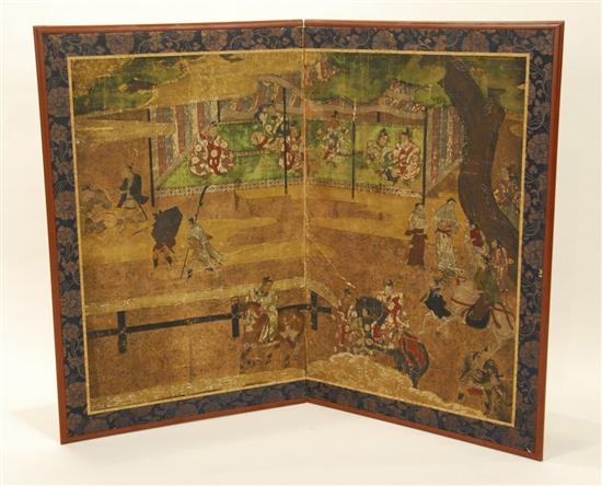 Appraisal: JAPANESE TWO PANEL PAINTED SCREEN th century x inches Provenance