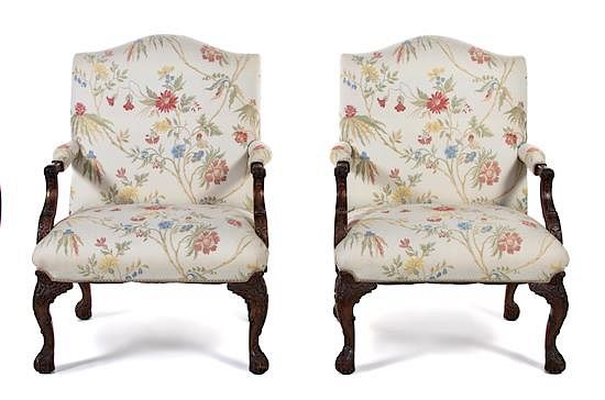 Appraisal: A Pair of George III Style Carved Mahogany Library Armchairs