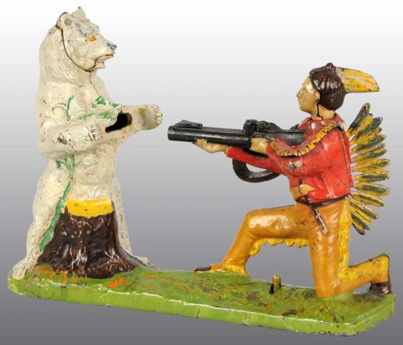 Appraisal: Cast Iron Indian Shooting Bear Mechanical Bank Description Manufactured by