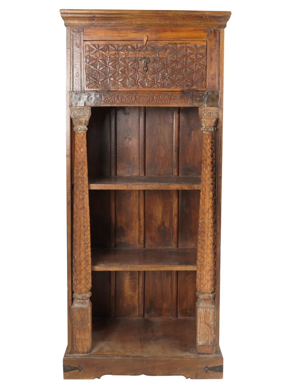 Appraisal: RUSTIC CARVED WOOD CABINETwith a drop front door over three