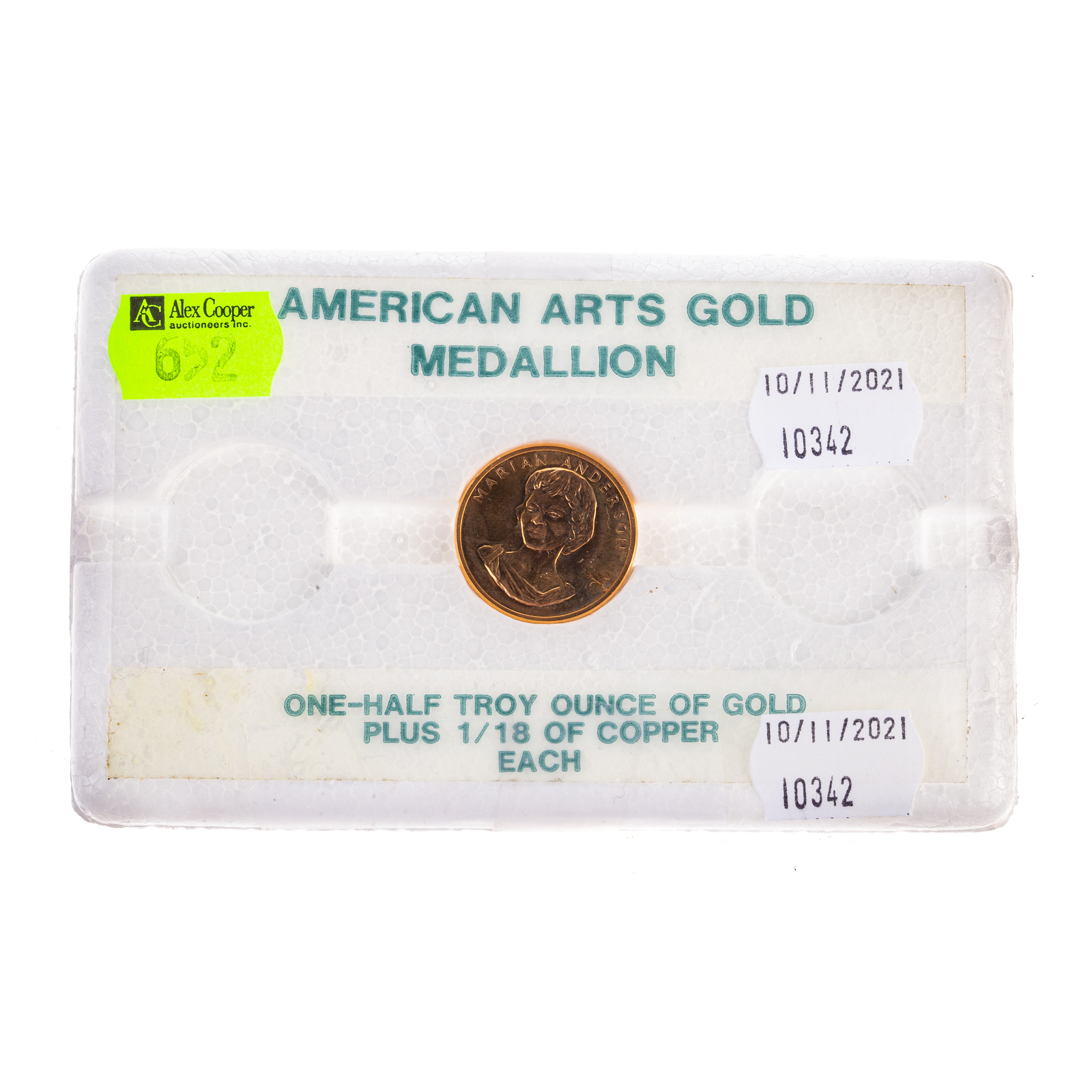 Appraisal: MARIAN ANDERSON TROY OZ GOLD MEDALLION Marian Anderson troy ounce