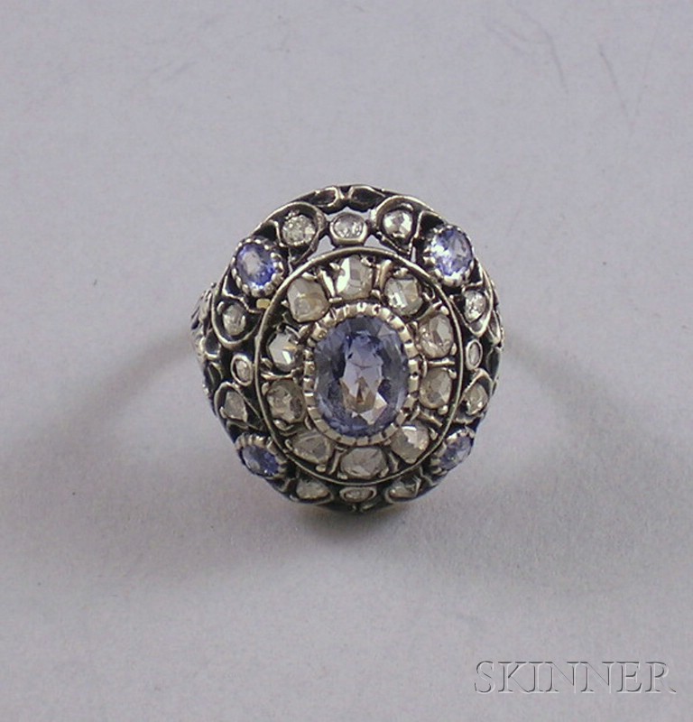 Appraisal: Gold Silver Sapphire and Old Mine-cut Diamond Ring size