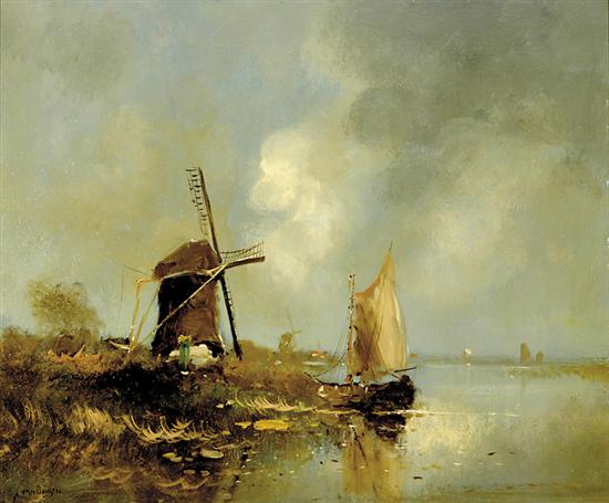 Appraisal: Jean Van Dongen Dutch - WINDMILL AND BOAT AT THE