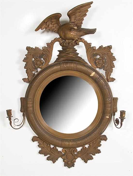 Appraisal: Regency style giltwood convex girandole mirror late th century spread-wing