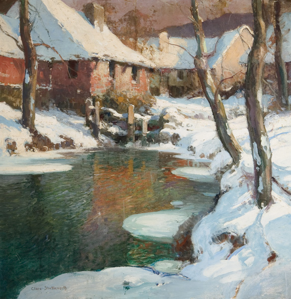 Appraisal: SHUTTLEWORTH CLAIRE American - Houses Along a Winter Brook oil