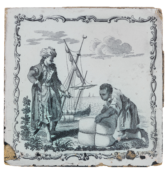 Appraisal: SLAVERY AND ABOLITION Antique tile depicting a turbaned Arab slaver