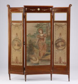 Appraisal: Italian handpainted double sided room divider Italian three-panel bronze mounted