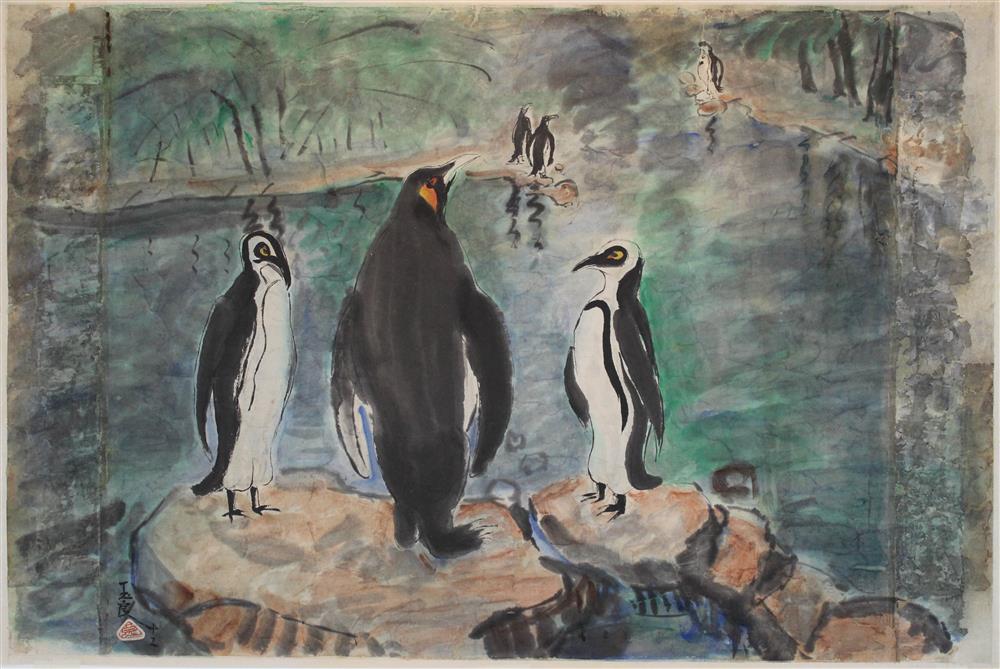 Appraisal: PAN YULIANG CHINESE - PENGUINS TOGETHER WITH A NUDE Watercolor