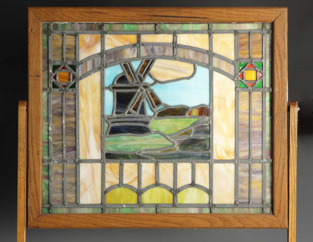 Appraisal: Leaded Glass Window w Windmill Oak frame Several cracked panels