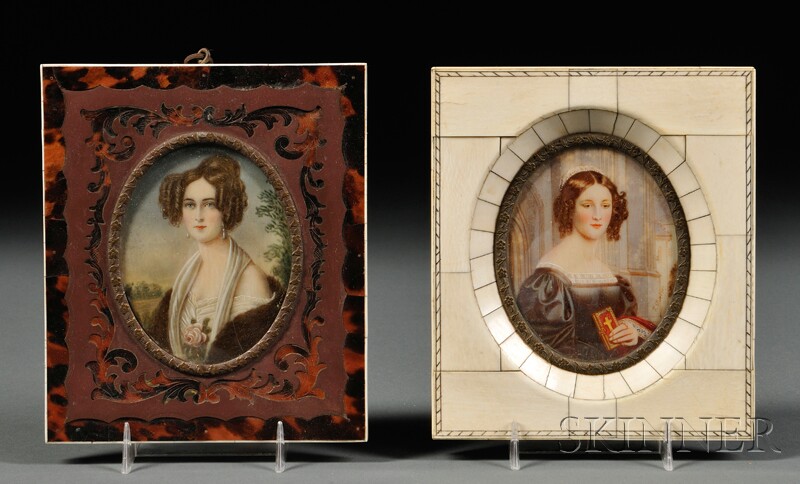 Appraisal: Two Portrait Miniatures of Ladies Continental both oval format on