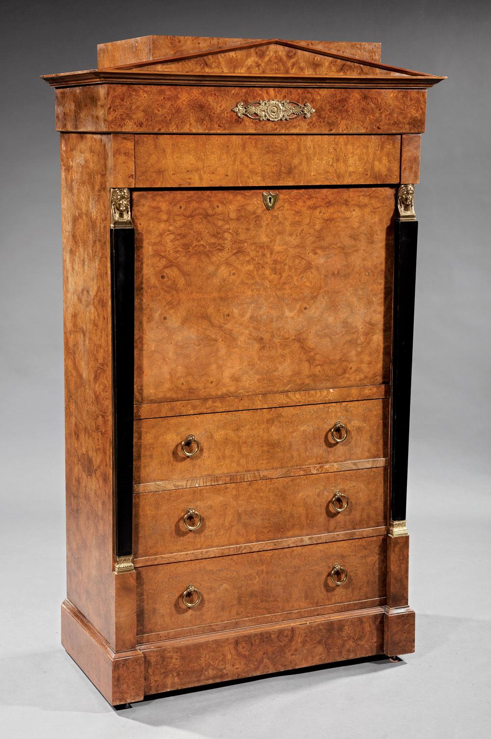 Appraisal: Biedermeier-Style Oyster Veneered Bronze-Mounted and Parcel Ebonized S cr taire