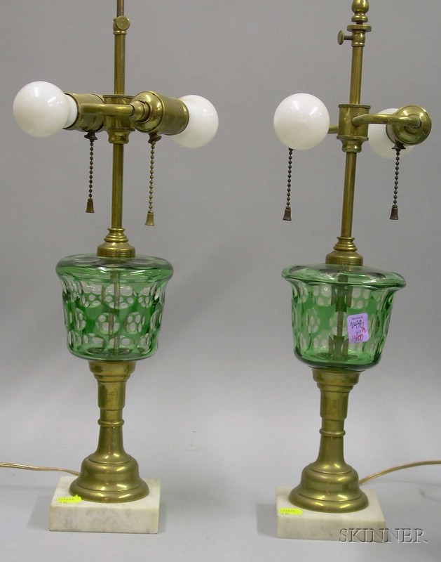 Appraisal: Pair of Green-Cut-to-Clear Glass and Brass Table Lamps with Marble