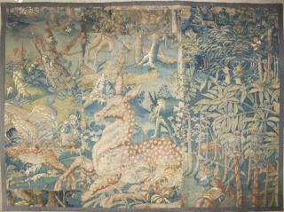 Appraisal: th c Flemish verdure pieced tapestry fragment with a recumbent