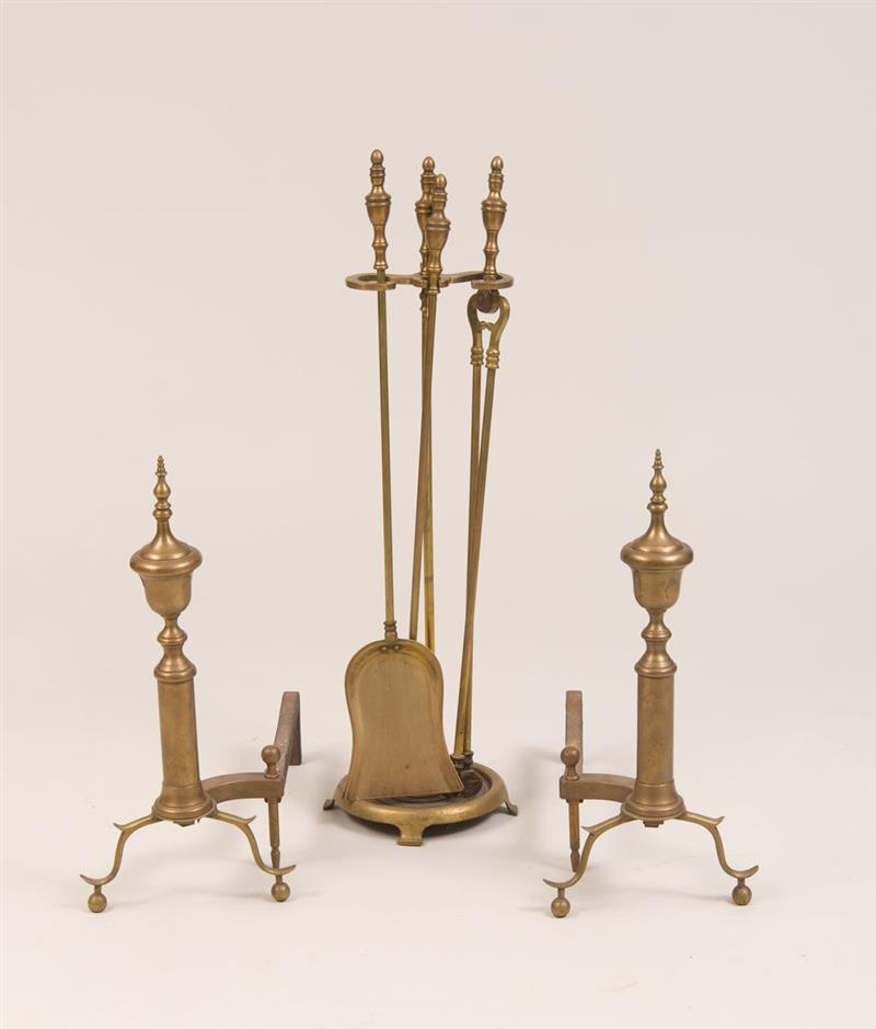 Appraisal: GEORGE III STYLE BRASS AND IRON FIREPLACE TOOLS Comprising a