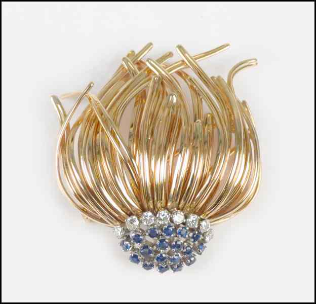 Appraisal: DIAMOND SAPPHIRE AND KARAT GOLD CLIP BROOCH Comprisef of round