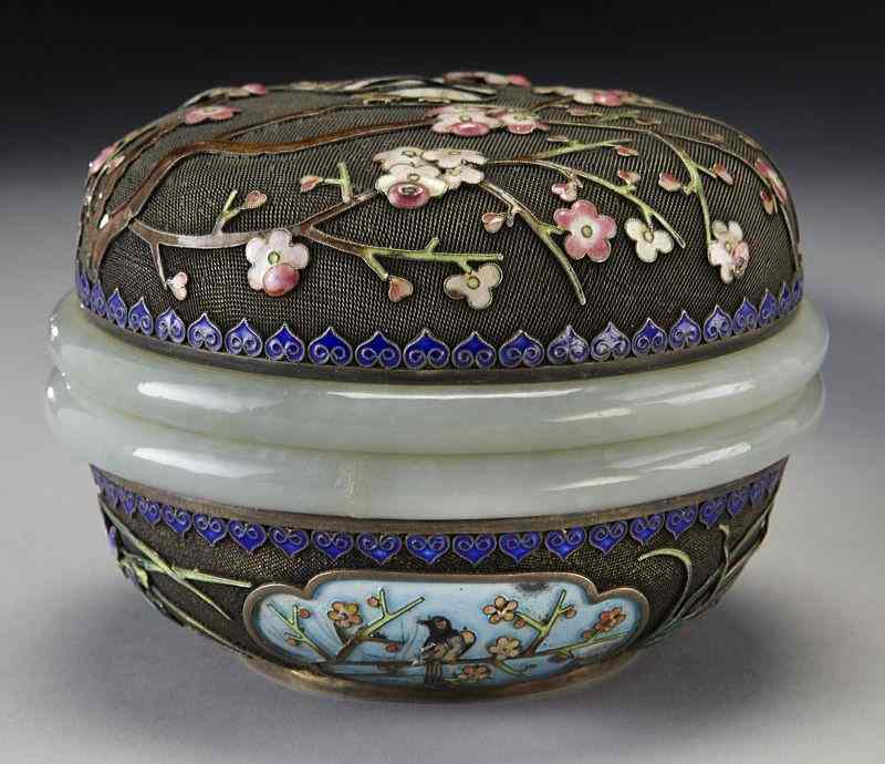 Appraisal: Chinese Qing white jade mounted enamel over silverbox depicting magpie