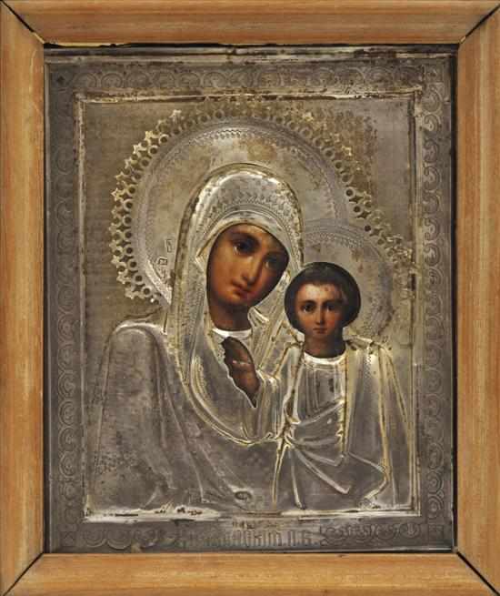 Appraisal: A BOXED RUSSIAN ICON WITH SILVER OKLAD EARLY TH CENTURY