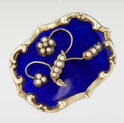 Appraisal: Antique Enamel and Pearl Brooch Unmarked yellow gold brooch with