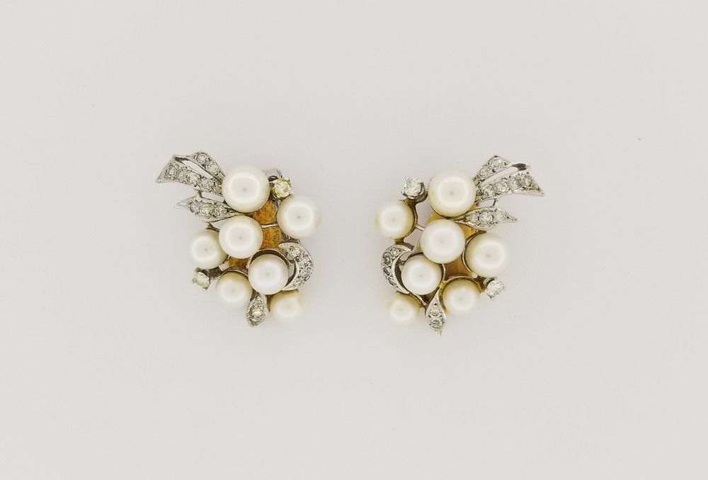 Appraisal: K White Gold Pearl Diamond Earrings K White Gold Pearl