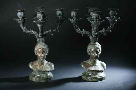 Appraisal: PAIR CONTEMPORARY PATINATED METAL FIVE-LIGHT FIGURAL CANDELABRA Maitland Smith th