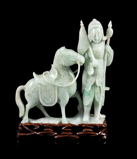 Appraisal: A Green Jadeite Figural Group of a Warrior and a