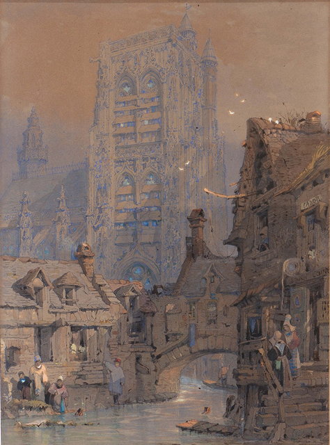 Appraisal: SAMUEL GILLESPIE PROUT - A continental side canal with cathedral