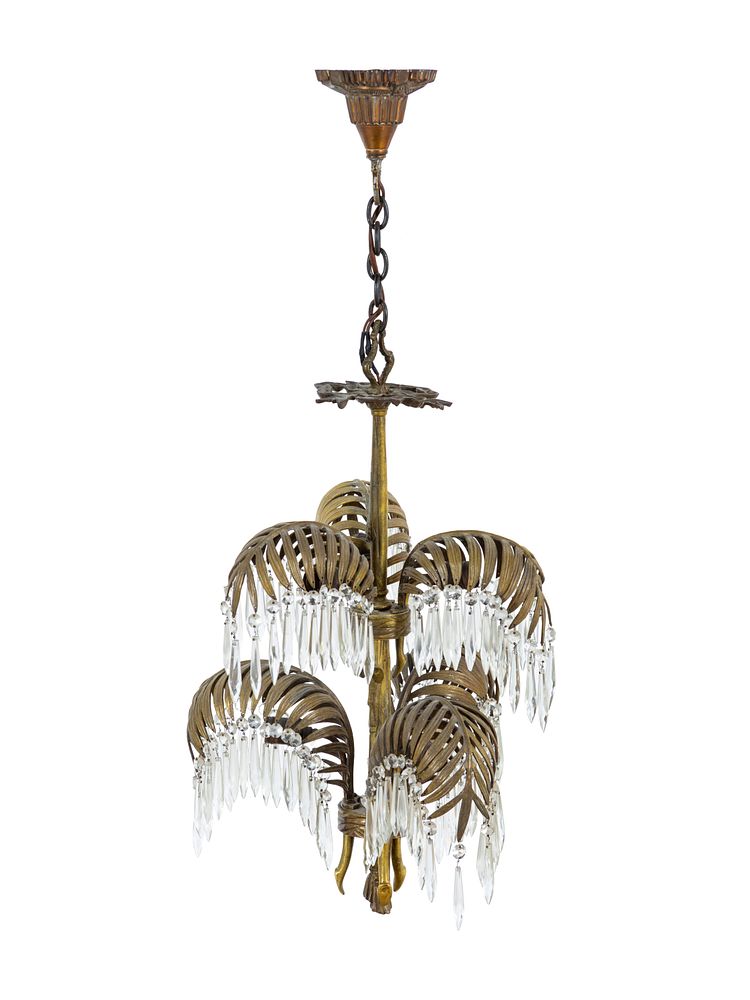 Appraisal: A Neoclassical Brass and Cut-Glass Six-Light Palm-Leaf Ceiling Fixture A