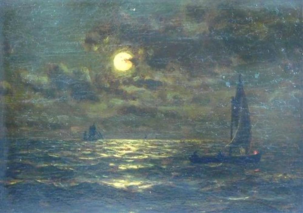 Appraisal: th C nighttime seascape oil on board two sailboats on