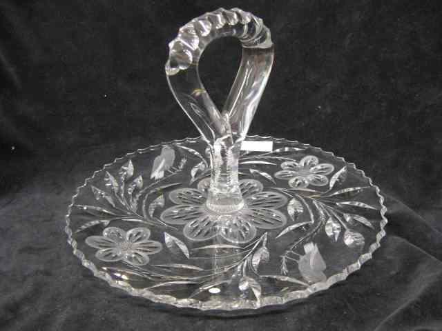 Appraisal: Fry Cut Glass Sandwich Plate signed center handle bird floral