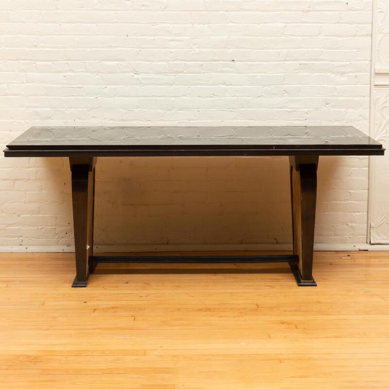 Appraisal: Jean Pascaud Ebonized Wood and Parchment Table With black glass