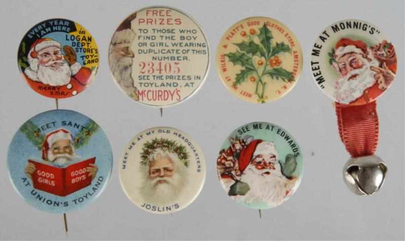 Appraisal: Lot of Celluloid Santa Pin Back Buttons Description Includes Meet