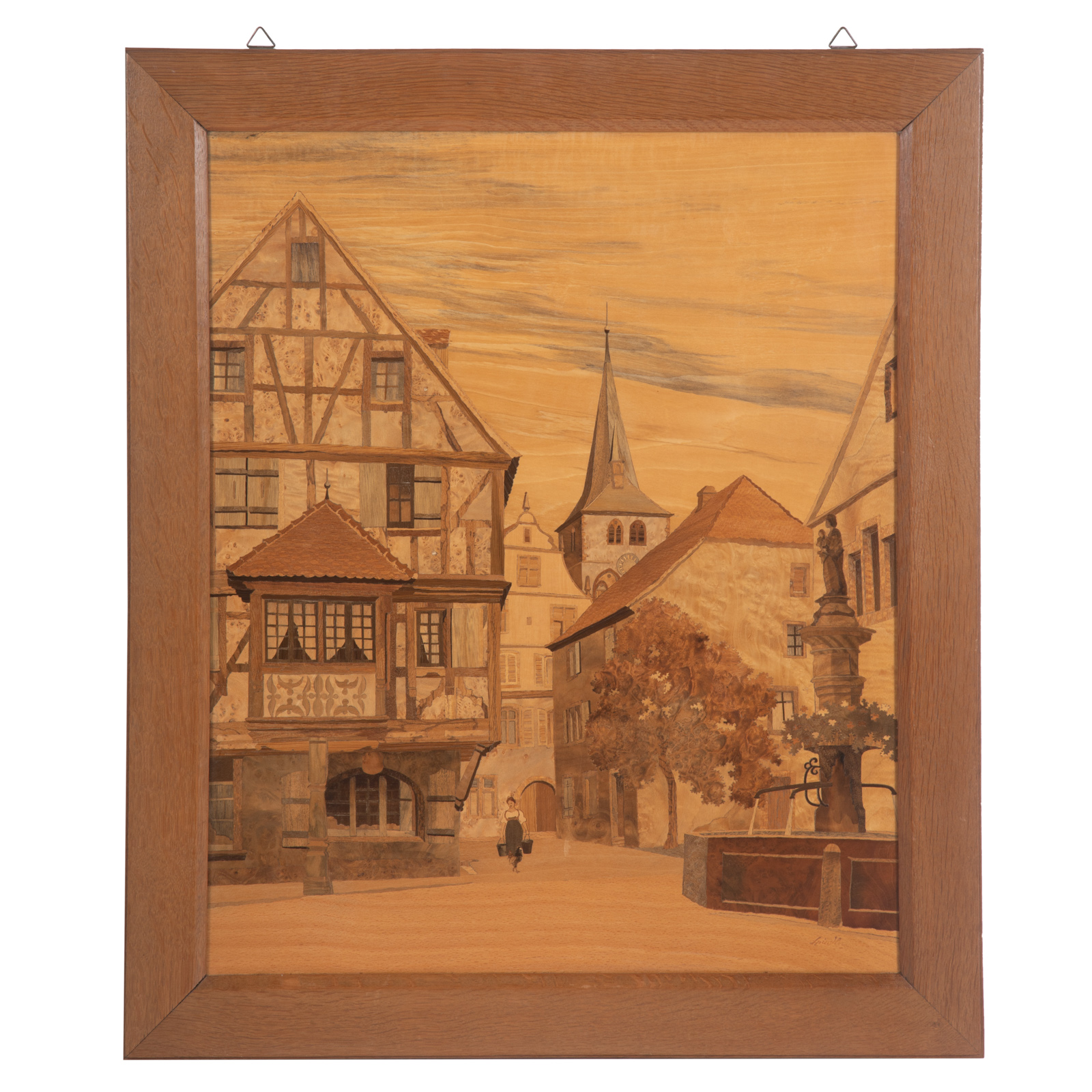 Appraisal: CONTINENTAL MIXED WOOD MARQUETRY PICTURE Picture of mountainous village with