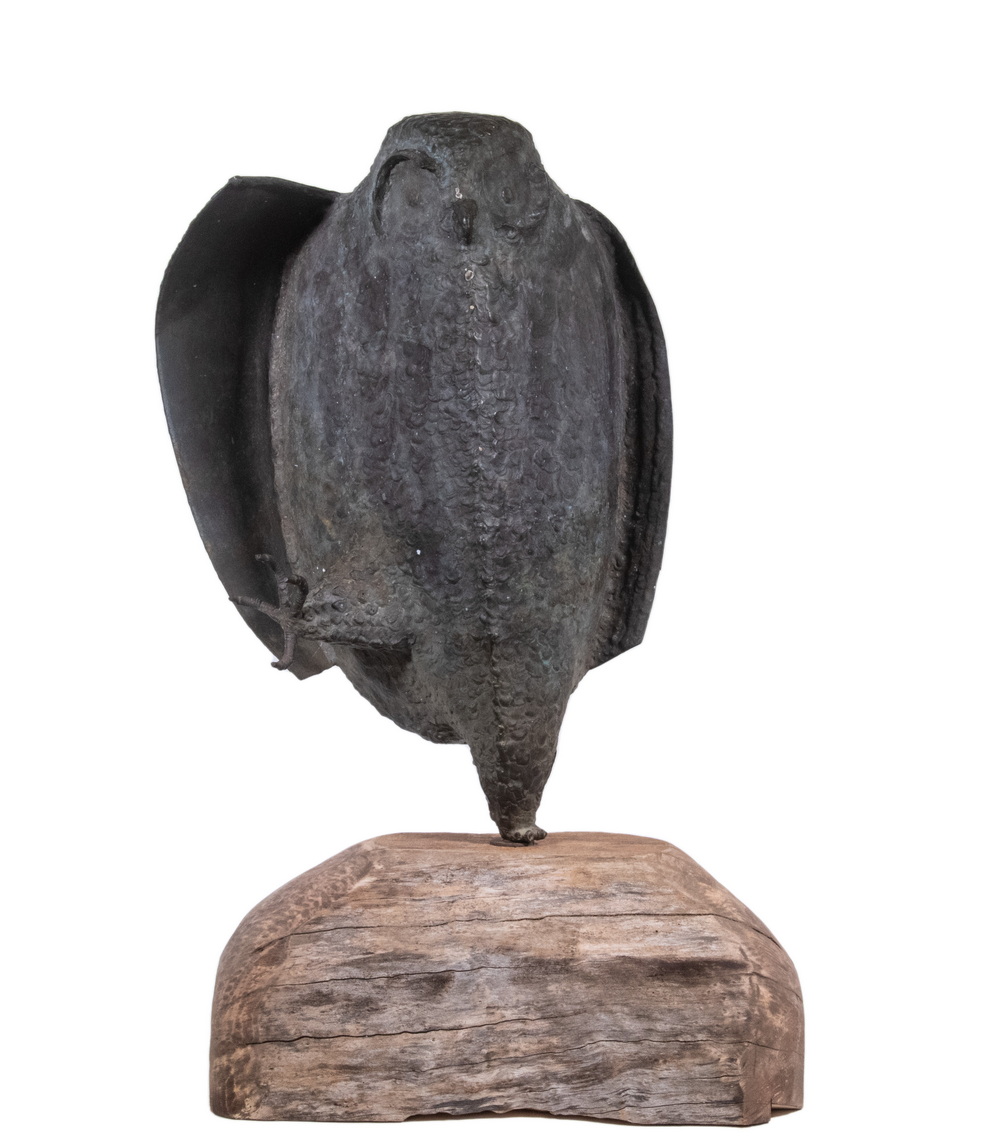 Appraisal: BRUTALIST OWL SCULPTURE Standing Owl bronze sculpture unsigned with patinated