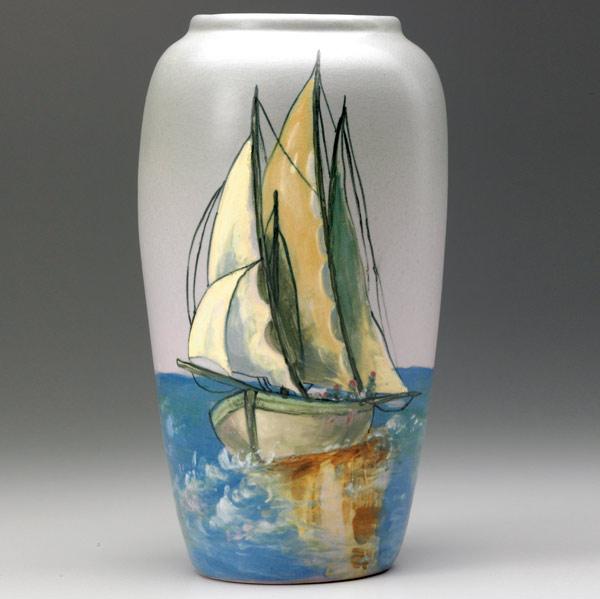 Appraisal: WELLER Hudson vase by McLaughlin with sailboats Opposing hairlines at