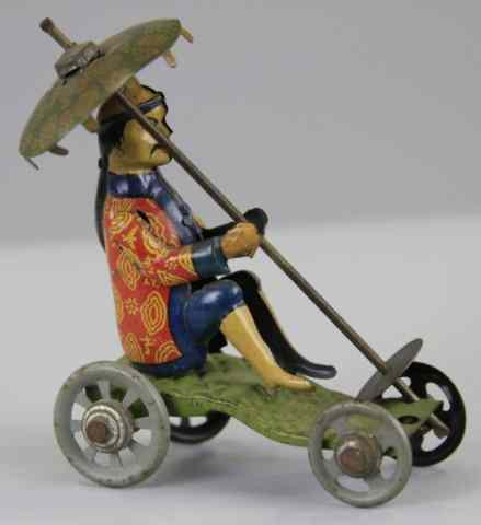 Appraisal: MEIER CHINAMAN WITH PARASOL PENNY TOY Germany lithographed tin classic