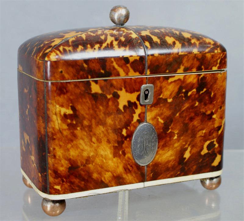 Appraisal: Silver and ivory inlaid tortoise shell tea caddy double compartment