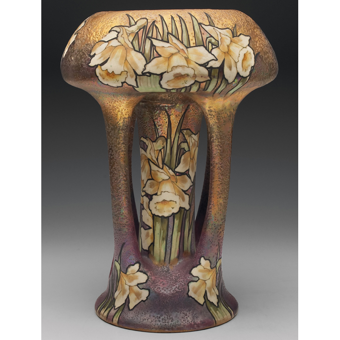 Appraisal: Amphora vase large shape with four buttresses painted daffodils on