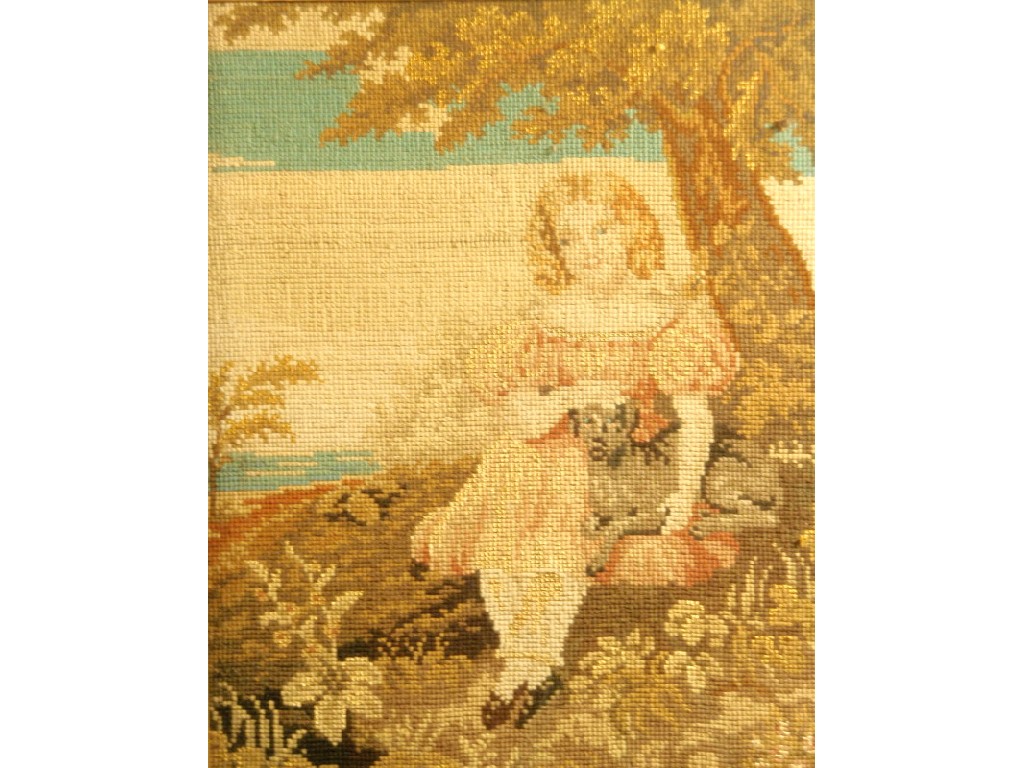 Appraisal: A Victorian wool needlework picture of a young girl seated