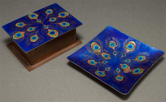 Appraisal: American enameled copper vanity box and matching pin tray signed