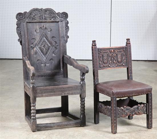 Appraisal: TWO CARVED CHAIRS European th century oak Plank seat armchair