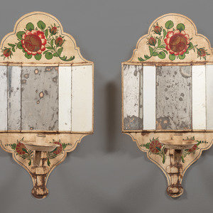 Appraisal: A Pair of Tole Decorated Mirrored Wall Sconces th Century